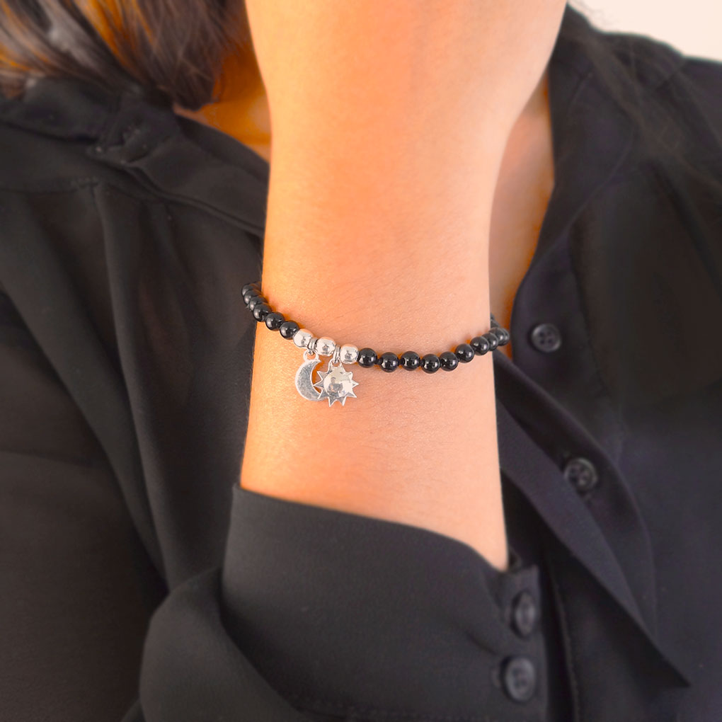 Meditation Bracelet with the Moon and the Sun | Natural Black Agate