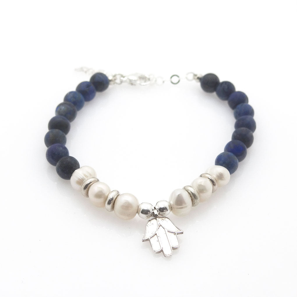 Hamsa Hand Silver Bracelet | pearl and lapis lazuli