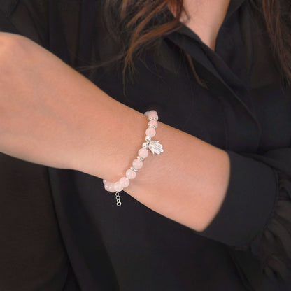Hamsa Hand Silver Bracelet | Pink quartz