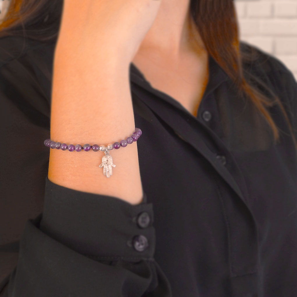 Pulsera de mano de Hamsa de plata de ley y amatista natural