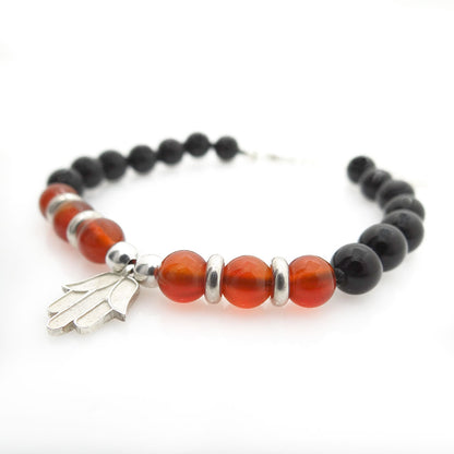 Pulsera de mano de Hamsa de plata | Cornalina Natural y Ónix