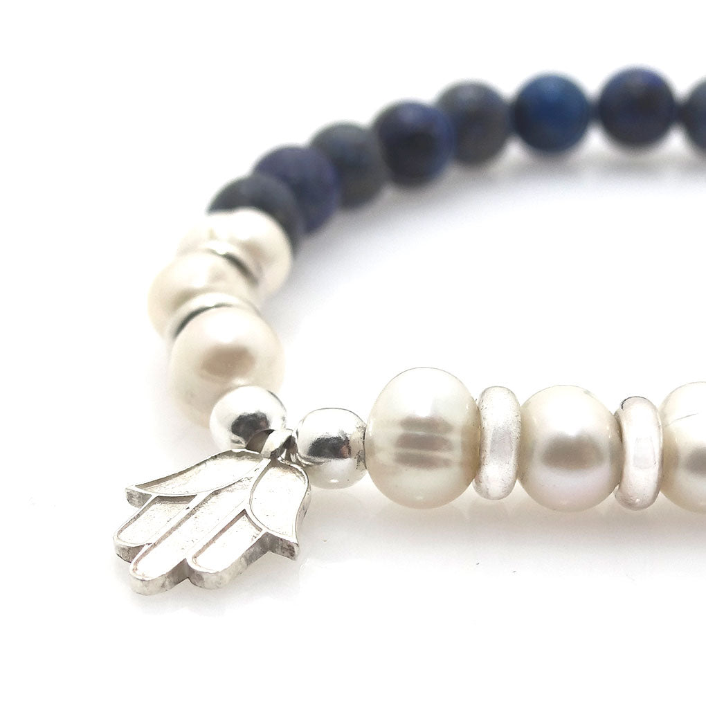 Hamsa Hand Silver Bracelet | pearl and lapis lazuli