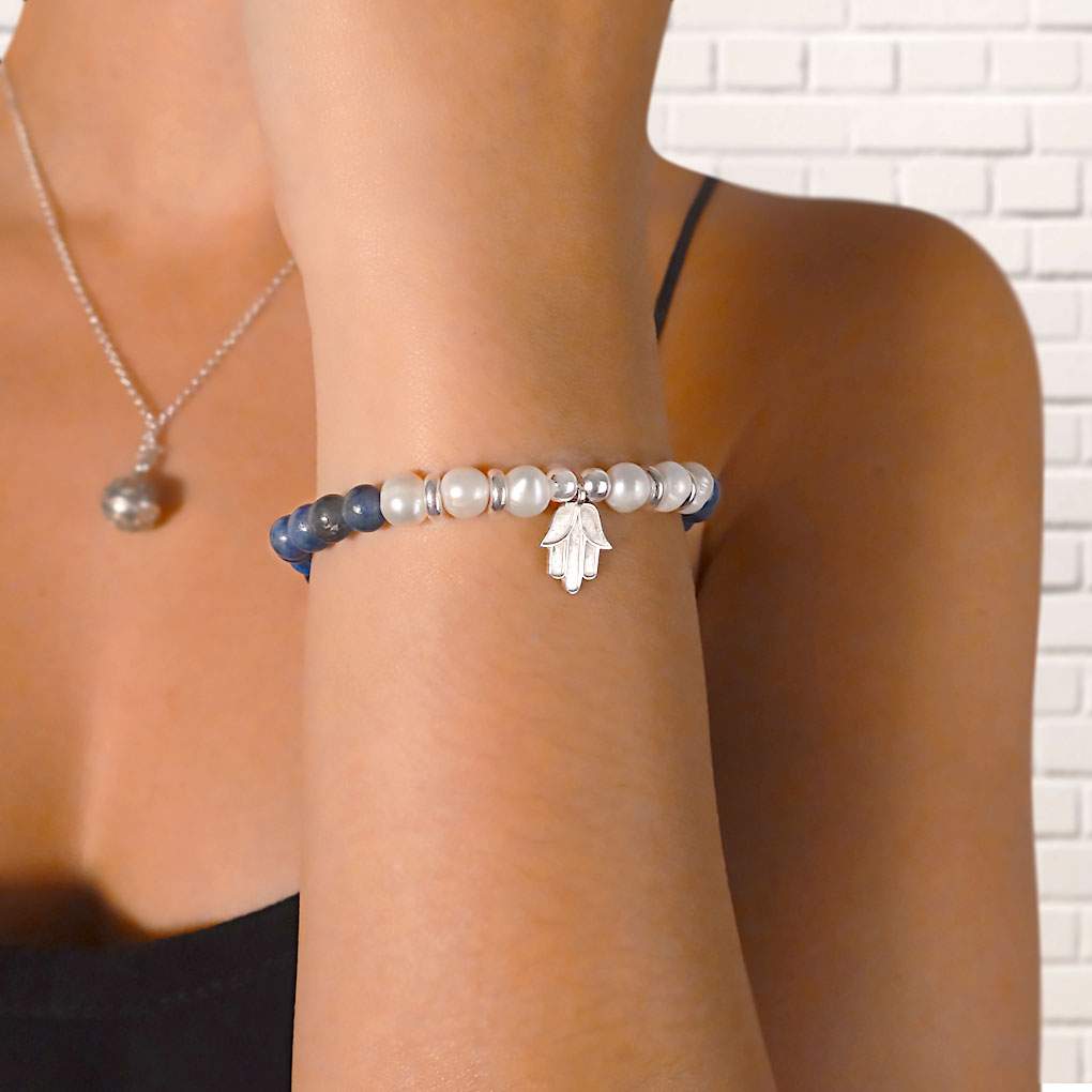 Hamsa Hand Silver Bracelet | pearl and lapis lazuli