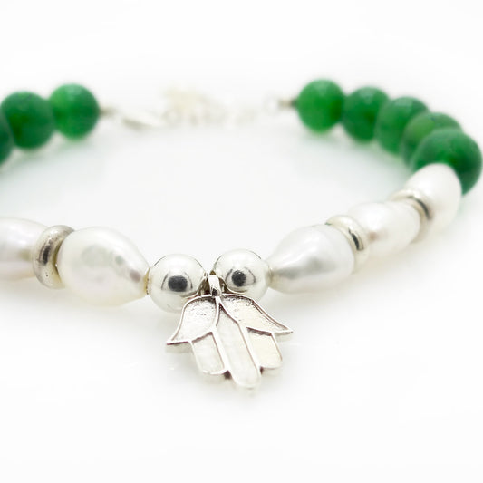 Hamsa Hand Silver Bracelet | Pearls and Green Quartz